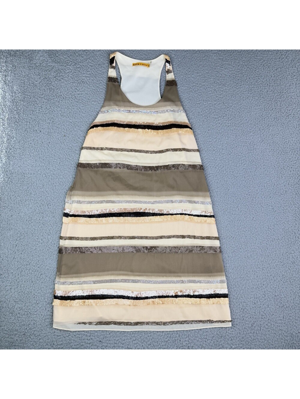 Alice + Olivia Women's Shift Mini Beaded Silk Dress Beige Sleeveless  Size M